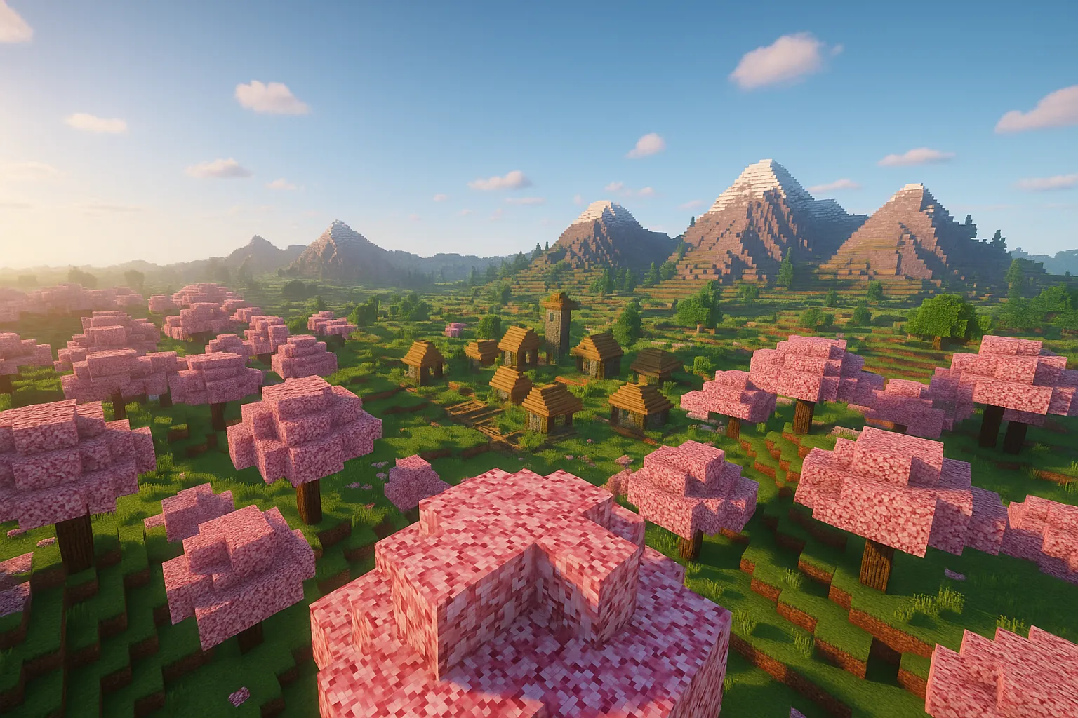 Minecraft landscape with cherry blossom biome and village